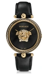 Versace Palazzo Empire Leather Strap Watch, 39mm In Black/ Gold