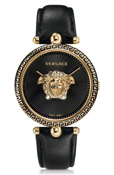 Versace Palazzo Empire Leather Strap Watch, 39mm In Black/ Gold