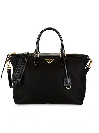 Prada Logo Plaque Satchel In Black