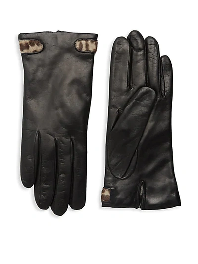Portolano Dyed Calf Hair-trimmed Leather Gloves In Black Leopard