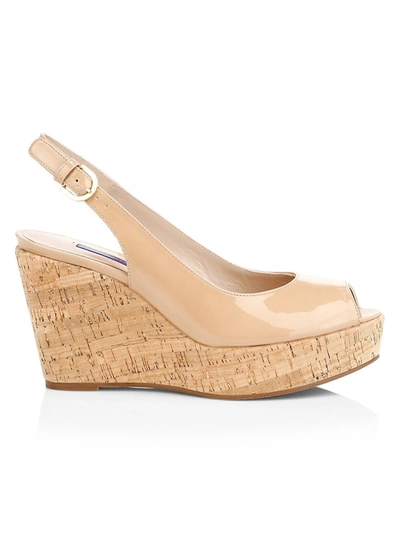 Stuart Weitzman Jean Patent Leather Slingback Wedge Sandals In Black