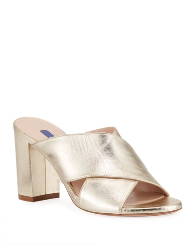 Stuart Weitzman Galene Metallic Leather Block-heel Sandals In Gold