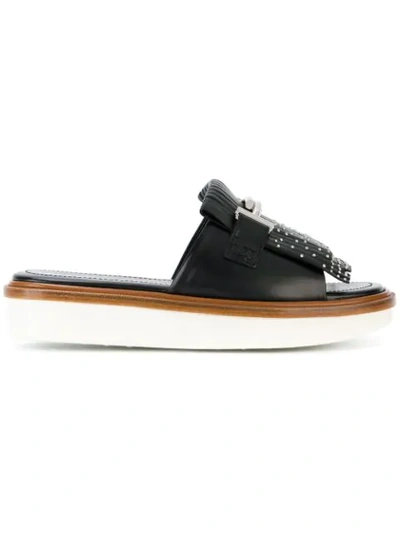 Tod's Fringed Studded Leather Platform Slides In Black