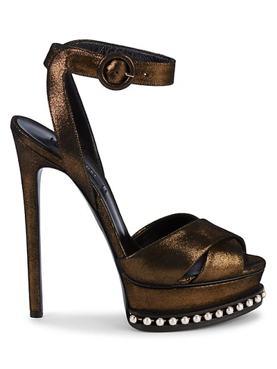 Casadei Faux Pearl & Glitter Leather Platform Sandals In Bronze