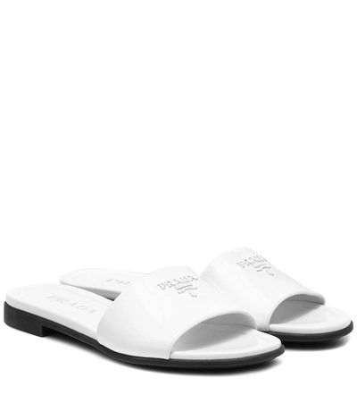 Prada Donna Croc-embossed Leather Slides In White