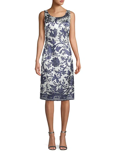 Oscar De La Renta Print Silk Dress In White Navy