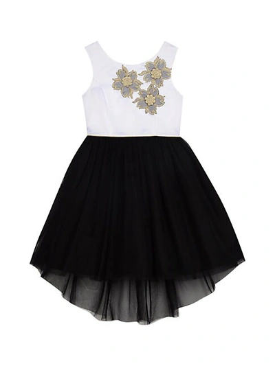 Belle By Badgley Mischka Kids' Girl's Tulle Skirt Flower Appliqué Dress In White Black