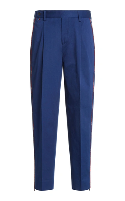 Missoni Stripe-detailed Pleated Cotton Gabardine Trousers In Navy