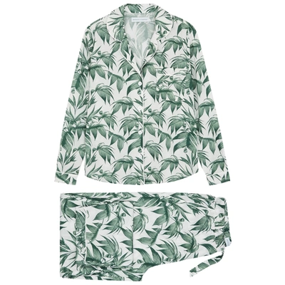 Desmond & Dempsey Byron White Printed Cotton Pyjama Set In Green