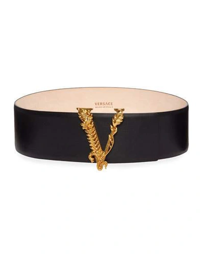 Versace Barocco V Buckle Leather Belt In Black/gold