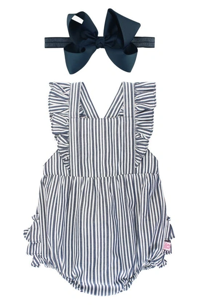 Rufflebutts Kids' Baby Girl Navy Stripe Romper And Bow Headband Set In Blue