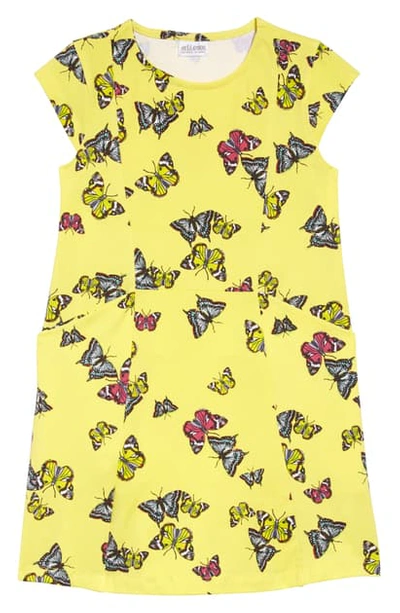 Art & Eden Kids' Girl's Hanna Butterfly Print A-line Pocket Dress In Yellow Scattered Butterfly