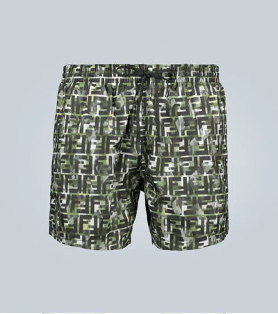 Fendi Camouflage Ff Print Swim Shorts In Green