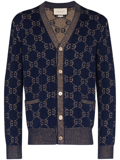 Gucci V-neck Gg Logo-jacquard Cotton Cardigan In Blue