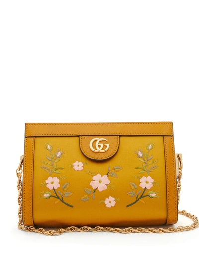 Gucci Ophidia Floral-embroidered Satin Cross-body Bag In Senape (ocre)
