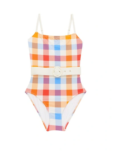 Solid & Striped The Nina Striped Belted One Piece Swimsuit In Beach Plaid