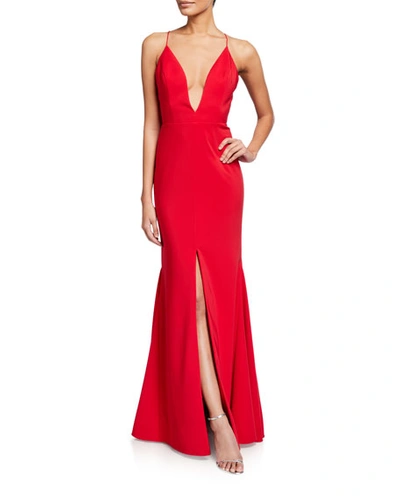 Aidan Mattox Deep V-neck Bare-back Crepe Slip Gown In Red