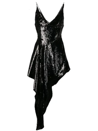 16arlington Asymmetric Draped Sequined Georgette Mini Dress In Black