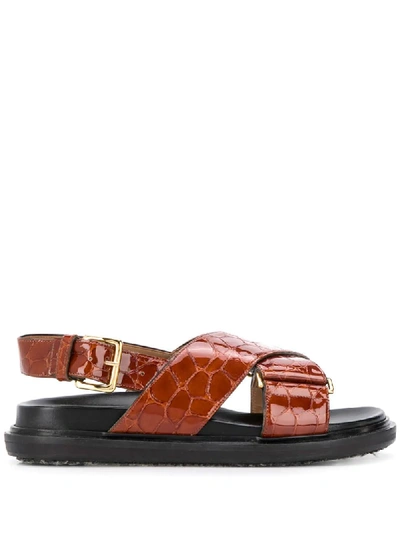 Marni Fussbett Croc-effect Leather Sandals In Brown