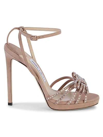 Jimmy Choo Embellished Bow Suede Stiletto Sandals In Powder