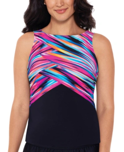 Reebok Wrapped In Perfection Printed High-neck Tankini Top Women's Swimsuit In Pink