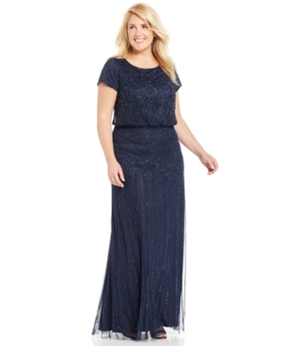 Adrianna Papell Plus Size Bead-illusion Blouson Dress In Navy