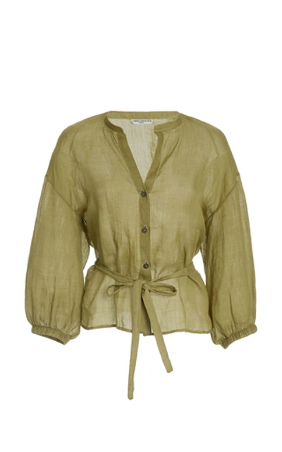 Three Graces London Haddie Belted Ramie Blouse In Green