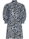 Ganni Puff-sleeve Zebra-print Cotton Dress In Blue