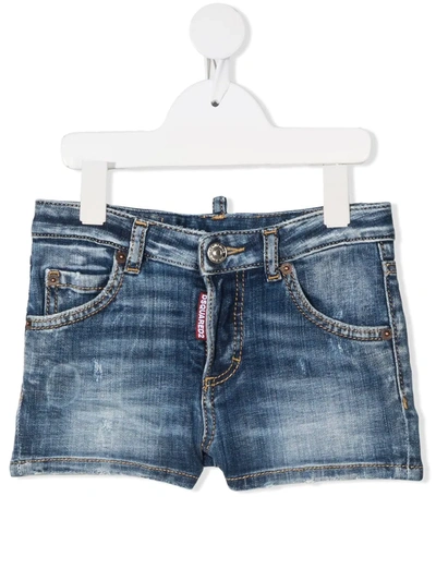 Dsquared2 Kids' Destroyed & Painted Stretch Denim Shorts In Medium Wash