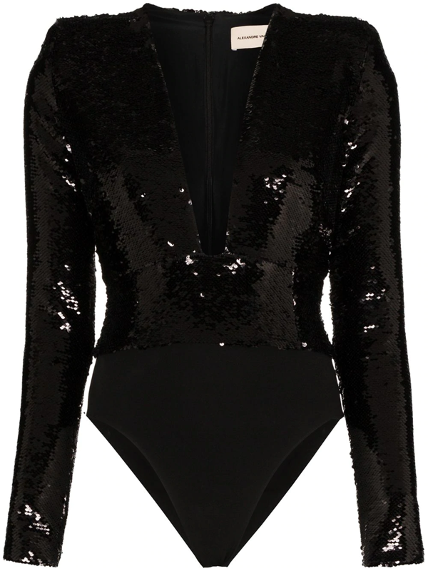 Alexandre Vauthier Plunge Line Sequin Bodysuit In Black | ModeSens