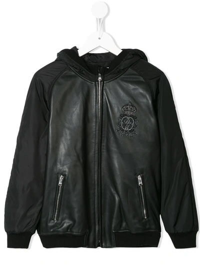 Dolce & Gabbana Kids' Logo Patch Hooded Bomber Jacket In Black