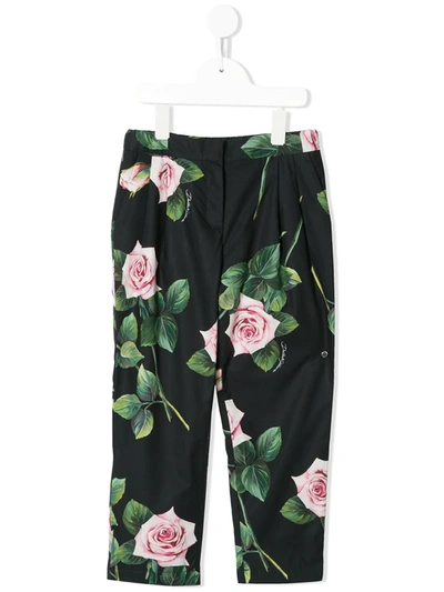 Dolce & Gabbana Kids' Rose Print Trousers In Black