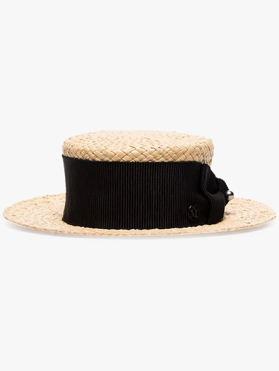 Maison Michel Beige Kiki Woven Raffia Boater Hat In Beige,black