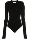 Alexandre Vauthier Deep V Long Sleeve Bodysuit In Black