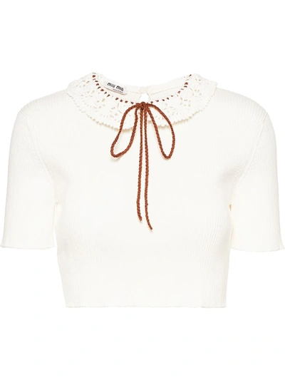 Miu Miu Crochet Collar Knitted Top In White