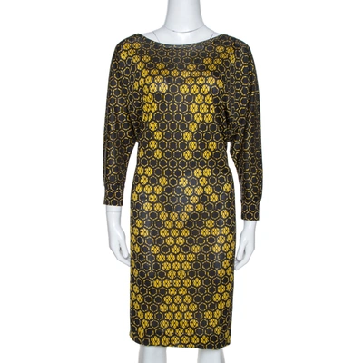 Pre-owned Alexander Mcqueen Yellow Honeycomb Print Silk Jersey Shift Dress M