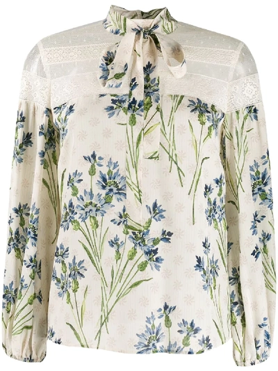 Red Valentino Silk Blouse With Floral Print In Ivory Color In White