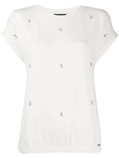 Fay Crew Neck Embellished Knitted Top In White