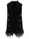 Balmain Tweed Waistcoat With Fringes And Jewel Buttons In Black