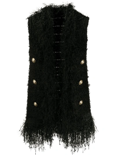 Balmain Tweed Waistcoat With Fringes And Jewel Buttons In Black