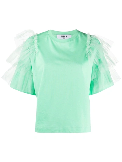 Msgm Ruffle-sleeved T-shirt In Green