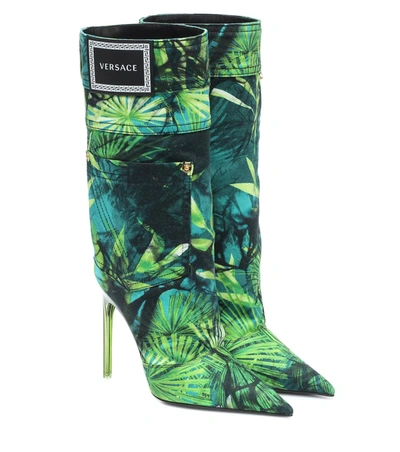 Versace Jungle Print Stiletto Boots In Green