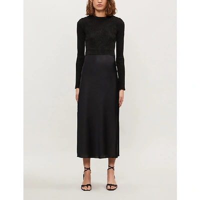 Allsaints Kowlo Satin And Stretch-knit Midi Dress In Black