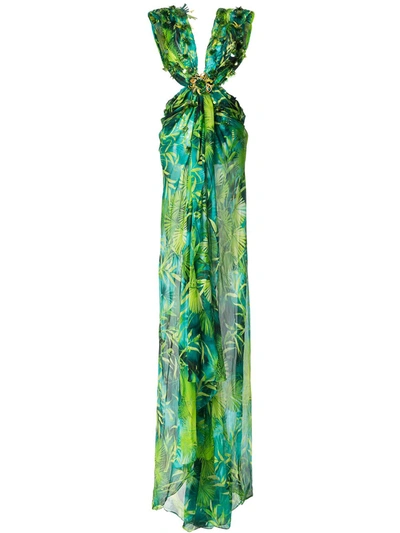 Versace Cutout Embellished Printed Silk-chiffon Gown In Green