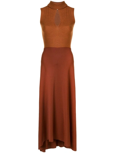 Victoria Beckham High Neck Sleeveless Midi Dress In Brown