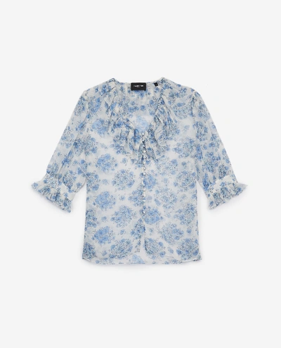 The Kooples Floral Smart Blue Shirt With Frills In Light Blue
