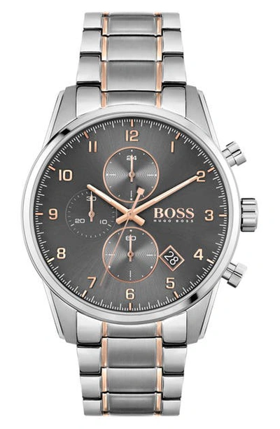 Hugo Boss Skymaster Chronograph Bracelet Watch, 44mm In Silver/ Carnation/ Grey