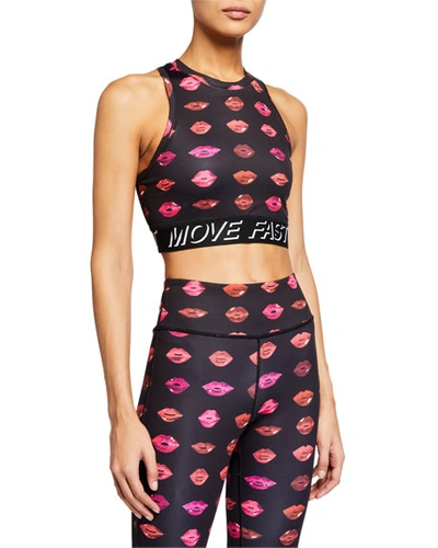 Pam & Gela Lip Print Long Racerback Sports Bra In Black