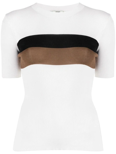 Fendi Stripe Rib Short Sleeve Silk Top In White