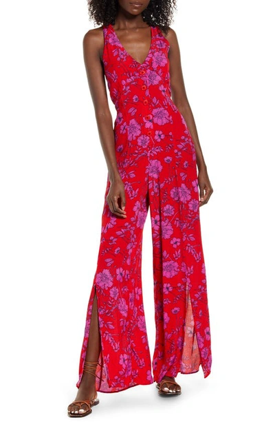 Band Of Gypsies Eze Slit Hem Jumpsuit In Red Mag